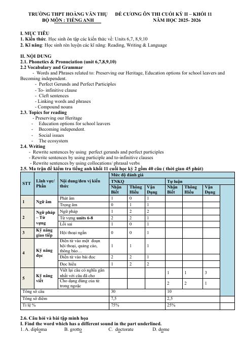 Đề cương ôn tập Học kì 2 Tiếng Anh 11 năm 2025–2026 trường THPT Hoàng Văn Thụ (Hà Nội)
